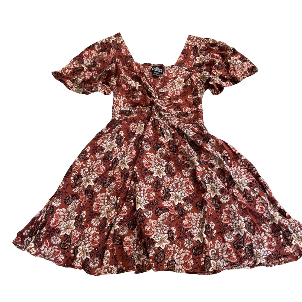 Angie Rust Paisley Floral Twist Front Smocked Back Mini Dress Small